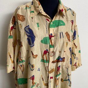 Burma Bibas 100% Silk Golf Themed Shirt, size XL